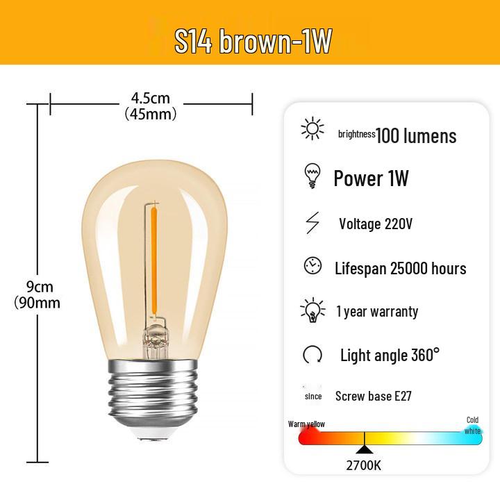 S14 Waterproof LED Edison Filament Bulb, 2700K Warm Light, E27, Energy-Saving ST45 Spare for String Lights