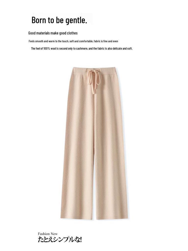 Women's High-Waist Wool Wide-Leg Pants: Autumn/Winter, Thick & Warm, Casual, Long, Knitted, Straight-Leg.