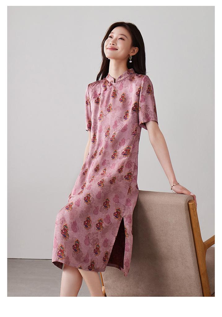 New Chinese Style Printed Short Sleeved Dress for 2026 Spring Fashion, Versatile and Slimming, Mid Length Skirt