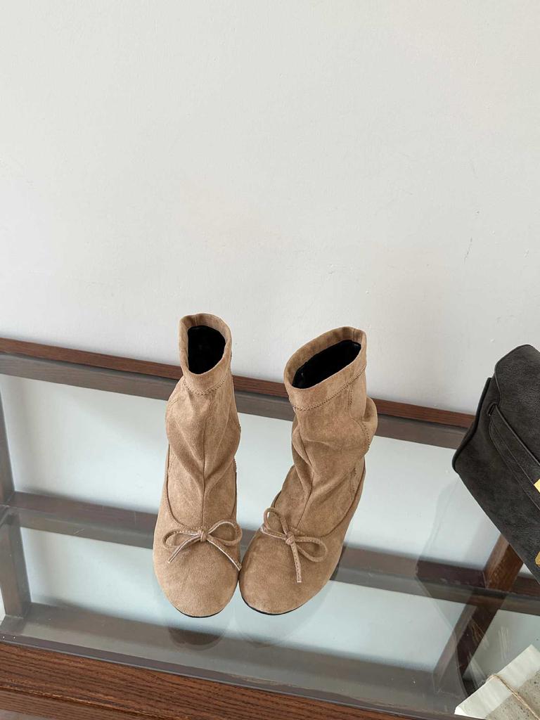 [] Autumn new inner height increase bow elastic boots round head medium boots women's boots