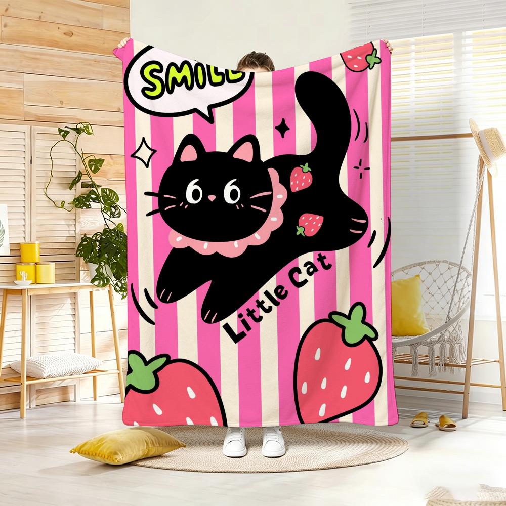 Art C-Cute Black Cat Strawberry Throw Lightweight 240g Flannel Blanket Soft Skin-friendly for Summer Cooling 75x90cm