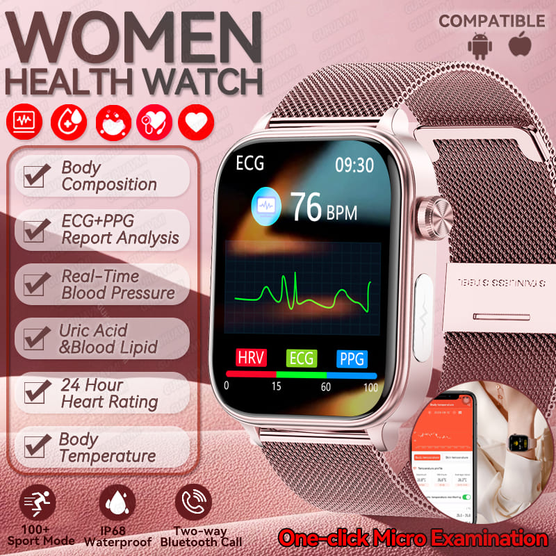 2025 Nové AI Diagnostika Zdraví Chytré Hodinky Ženy EKG HRV Funkce Krevní Tlak Kyselina Močová Lipidy BT Hovor Chytré Hodinky Dámské