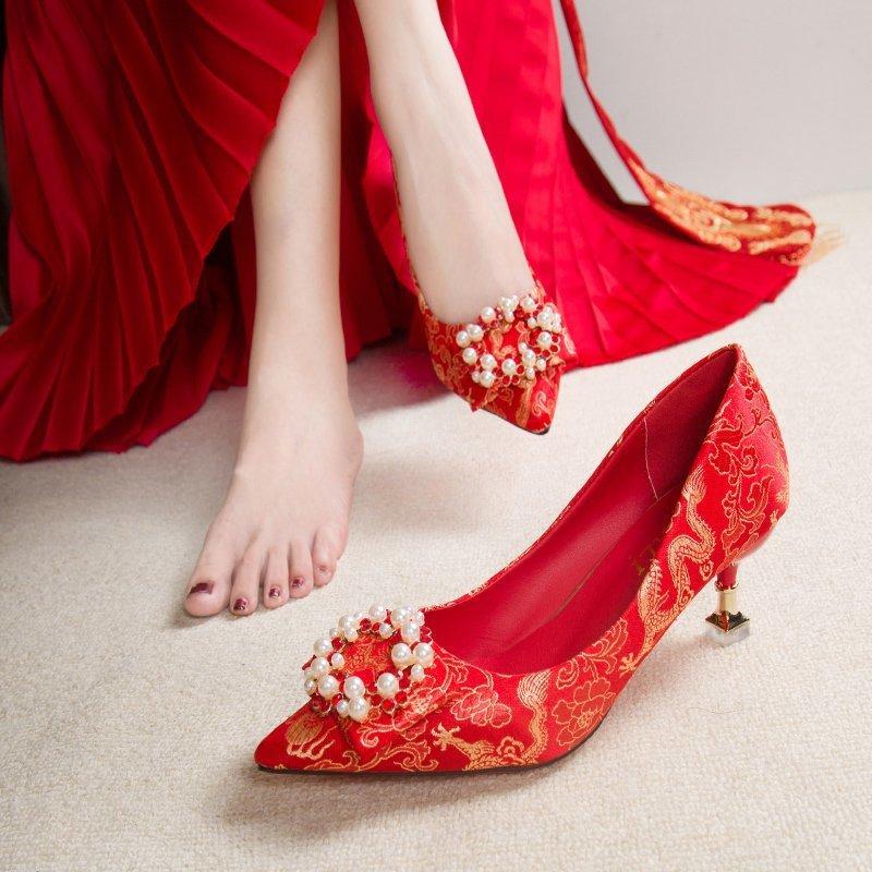 Summer spring Chinese wedding shoes women's red high heels thick heel dragon and phoenix embroidered bridal shoes high heel cheongsam