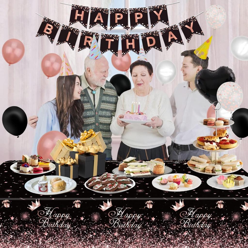 Black Rose Gold Plastic Tablecloth (Pack of 4), 86 x 51 inches Party Tablecovers for Black Rose Gold Theme Birthday Party Supplies