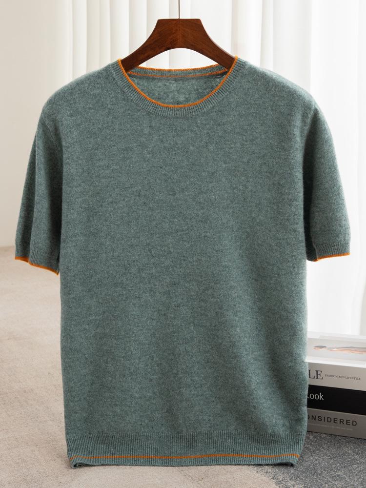 T-shirt à Manches Courtes et Col Rond Color Block 100% Laine Australienne pour Homme - Coupe Ample Décontractée, Couche de Base en Cachemire Printemps/Automne.