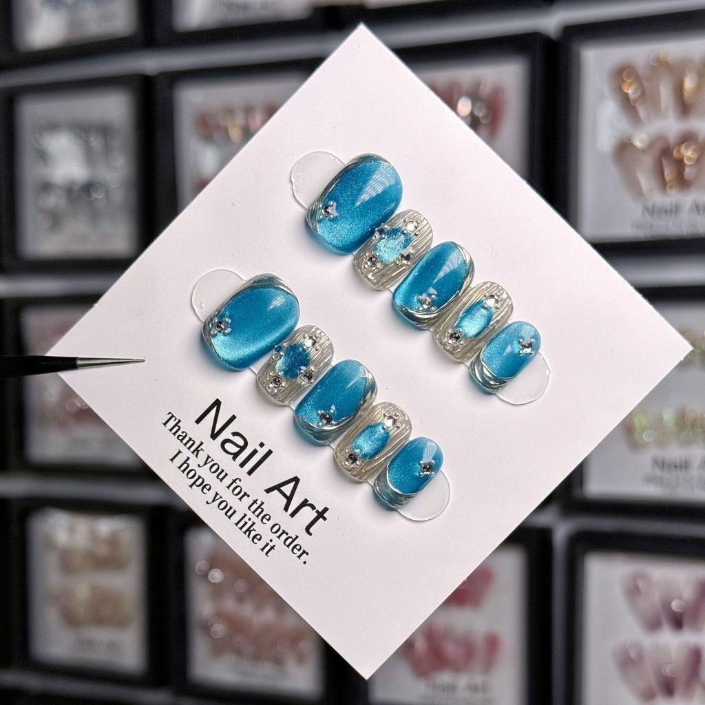 Nail Patch Handmade Blue Cat Eye Short Nails Fashion Temperament Everything