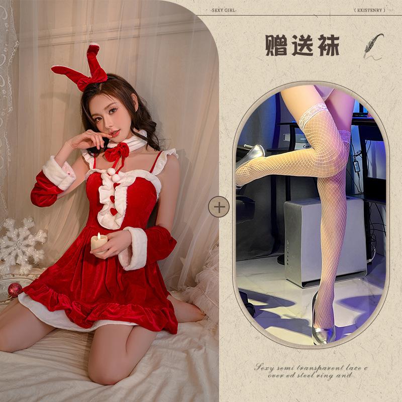 Love Adult Christmas Dress Female Cute Velvet Bunny Stage Performance Dress Up Holiday Party Dress Up Suit
