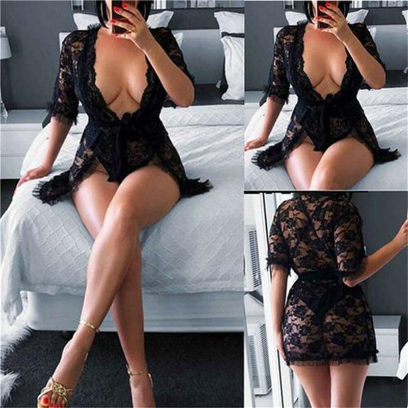 Women Sexy Lingerie Black Lace Dress Robe Sleepwear Ladies Female See Through Floral Nightgown Underwear
