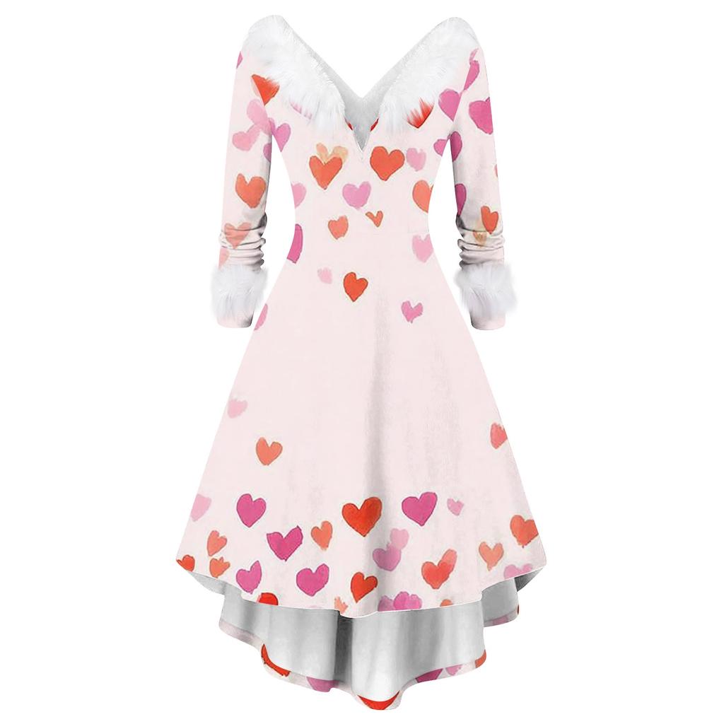 Damen stilvolles und elegantes langärmeliges V-Ausschnitt Kleid mit Valentinstags-Herzprint
