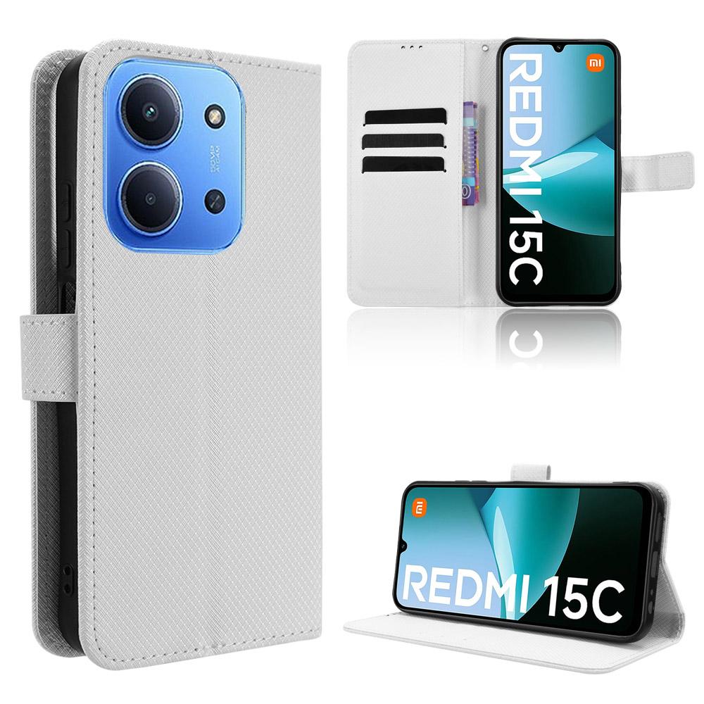 For Xiaomi Redmi 15C 4G (171mm) Leather Wallet Case with Strap Diamond Texture Phone Cover