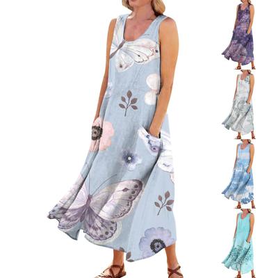 Women's Casual Comfortable Floral Print Sleeveless Cotton Pocket Dress