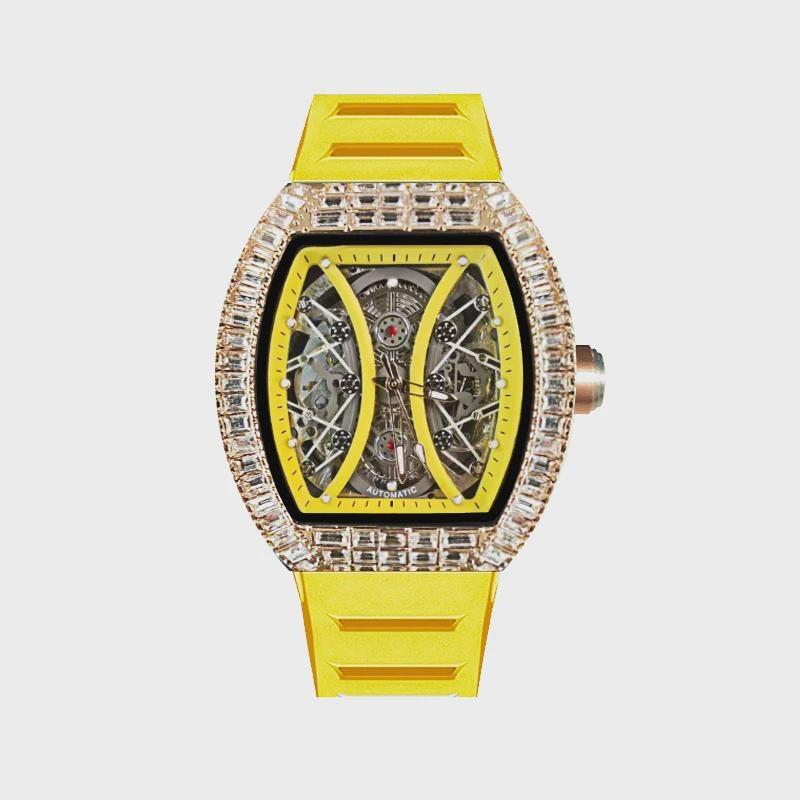 Top Brand Men's Automatic Mechanical Watch Fashion Tonneau Case Luminous Pointer Diamond Skeleton Watch