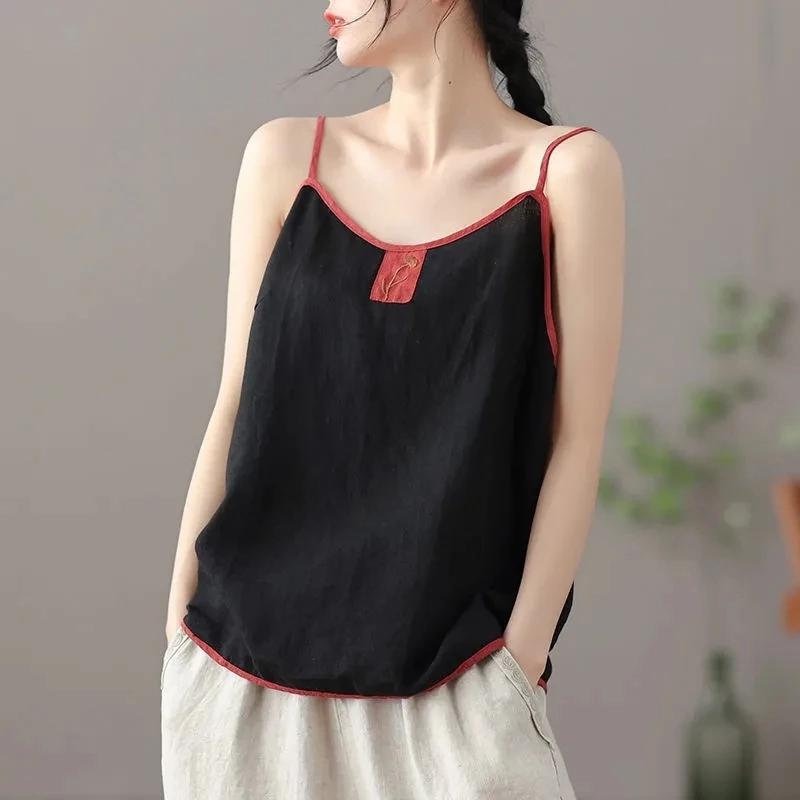 Cotton Linen Tanks Camis Women Vintage Harajuku Chic Casual Top Ladies Embroidered Vest Sleeveless Bottoming Sling Cami