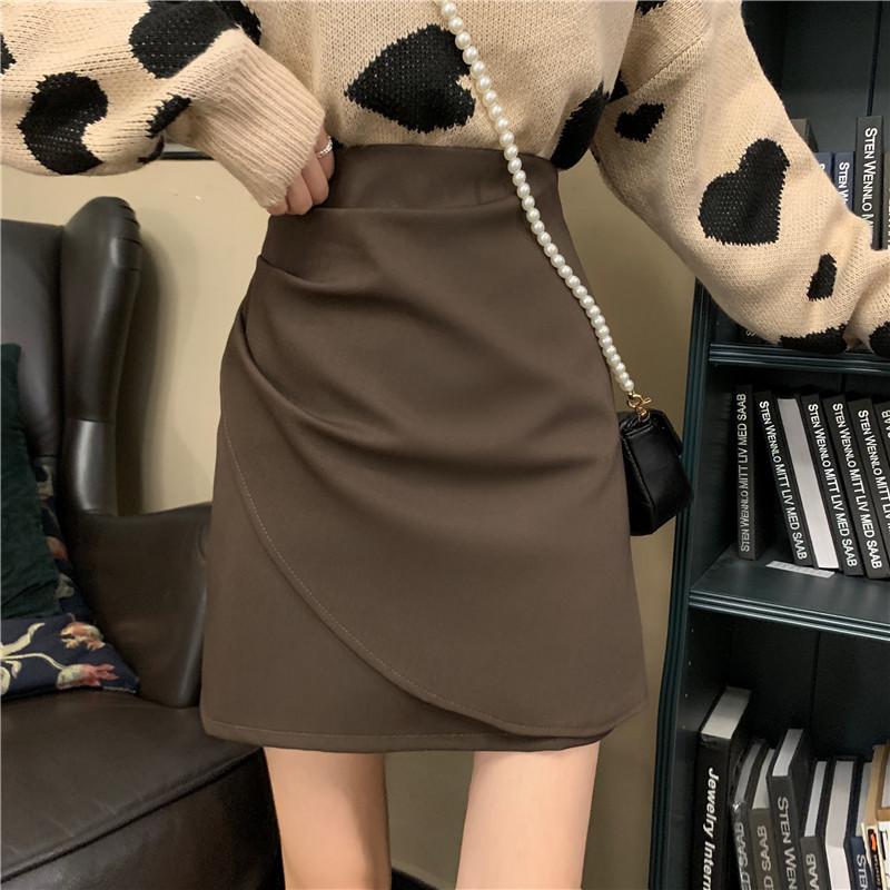 2023 Trendy Irregular Midi Skirt: Women's Coffee Color A-line Slim Bodycon Skirt
