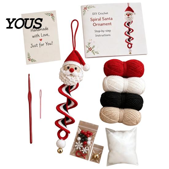 Winter Hobby Kit Crochet Doll Spiral Ornament DIY Kit, Holiday Craft Set with Snowman Pattern Soft Yarn, Beads, Christmas Tree Hanging for Window Wall