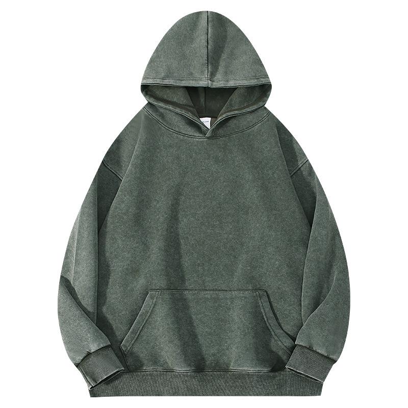 350g Vintage Washed Men's Hoodie - EU Size, Drop Shoulder, Solid Color, Thickened, Heavyweight