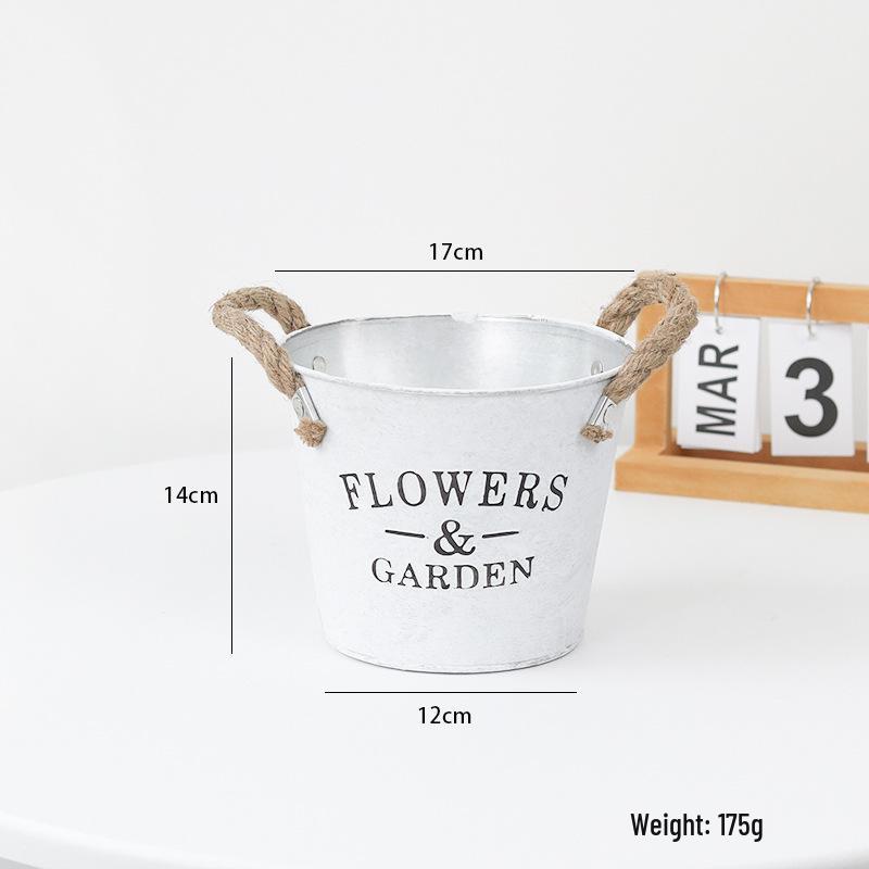 Small Retro Distressed Whitewashed Tin Flower Pot for Tabletop or Balcony Decor, Ideal for Succulents and Iron Lettering