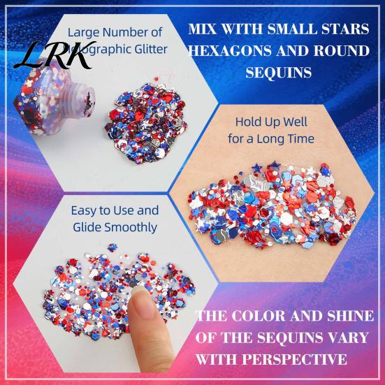 Party Face Glitter Independence Day Body Gel, Patriotic Red White Blue Hair Glitter, Sparkling Waterproof Makeup Sequins for 4th of July, Holiday