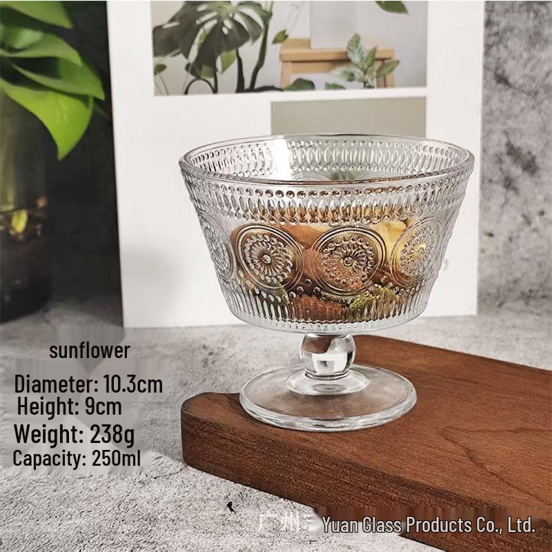 Vintage Sunflower Embossed Glass Bowl, Ice Cream Sorbet, Bird s Nest Yogurt, Oatmeal Breakfast, Dessert Bowl. подсолнечника