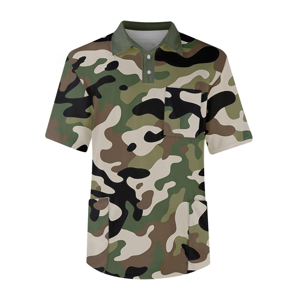 Pánský top s krátkým rukávem, knoflíkovou klopou, jednobarevný, náprsní kapsa, top pro zdravotní sestru