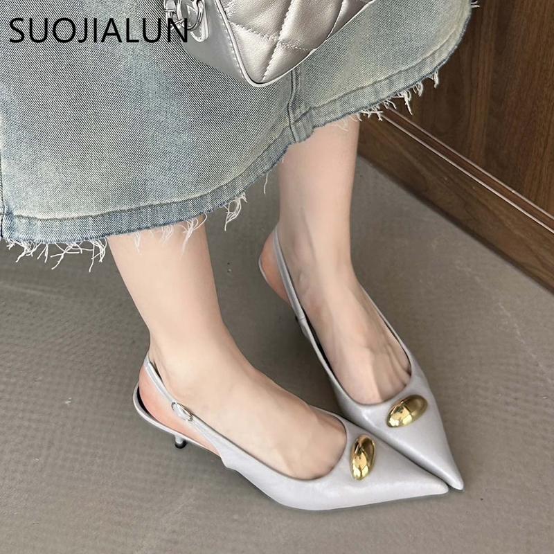 Fashion SUOJIALUN 2025 Spring New Brand Women Sandal Fashion Gold Buckle Ladies Elegant Slingback Sandals Thin High Heel Pointed Toe Pum