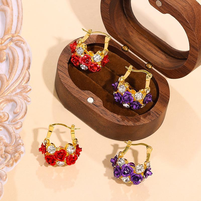 Cross-border Rose Diamond U-shaped Ear Buckle Fashion Flower Design Light Luxury Niche High-end Women Earrings Gift