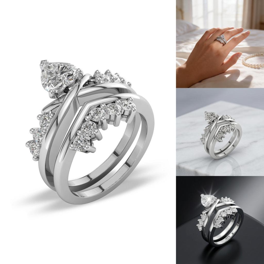 Elegant Heart Diamond Ring Set With Cross Design For Wedding And Anniversary Gifts