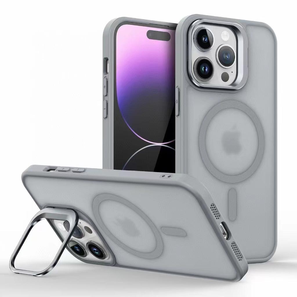 Metal Camera Kickstand For iPhone 16 15 14 Plus 13 12 Mini 11 Pro Max For Magsafe Wireless Charge Magnet Matte Shockproof Cover