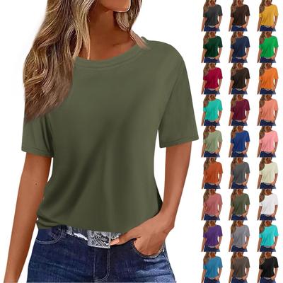 Women's Loose Casual Short Sleeve Round Neck T-Shirt Color Pullover Top