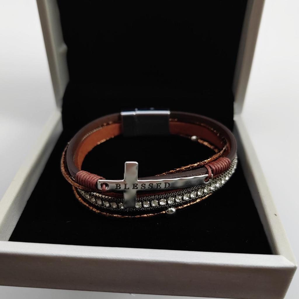 Bohemian Multi-Layer Leather Cross Bracelet with Rhinestones for Women