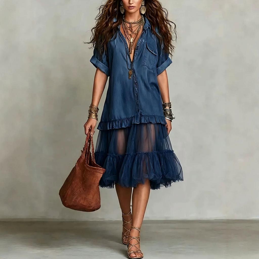 European and American women's bohemian imitation denim splicing mesh dress