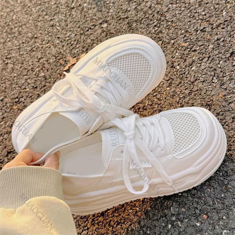 Fashion Lightweight Mesh Breathable Platform White Sneaker Women Spring Summer Shoes Casual Lace Up Flat Bottom Heighten Vulcanize Shoes