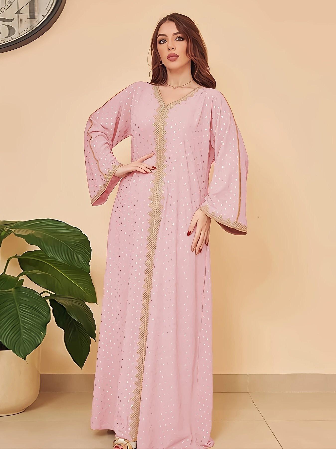

Elegant 2025 Dubai Dress: Gold Stamped Robe for Women from Middle East, Indonesia, Turkey Large рожевий