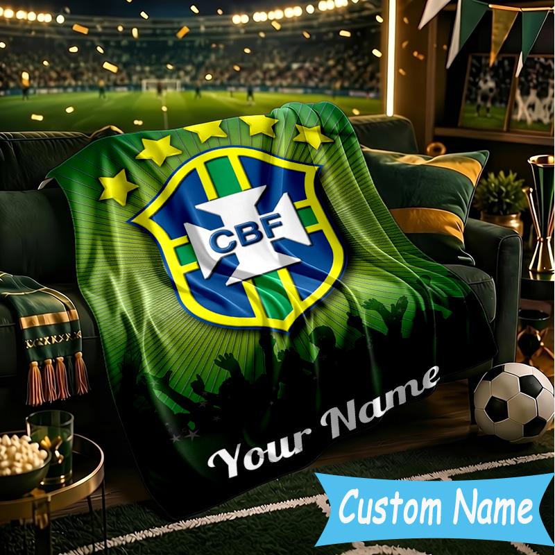 Custom Name Brazilian Football Federation Emblem Flannel Blanket, Use for Birthday/Holiday Gift, Soft Blanket for Sofa/Bed/Camping/Office, Home Decor