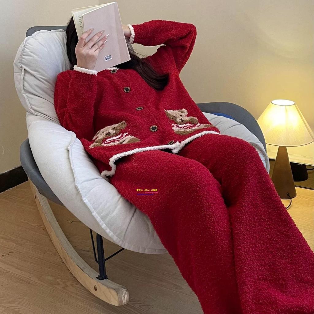 New Year's red pajamas women's half velvet Christmas bear sweet pajamas soft waxy thickened lazy wind women's loungewear