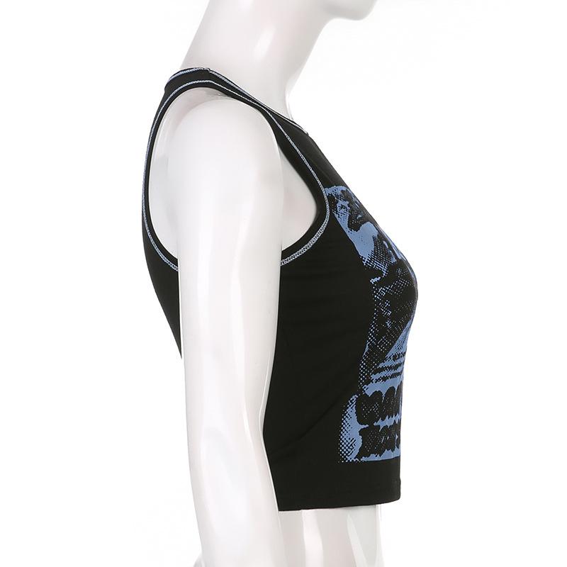 Europäische und amerikanische Sommerweste mit Portrait-Print und schmaler Passform, kurzes Reverse-Car-Oberteil mit Rundhalsausschnitt und Racerback für Damen