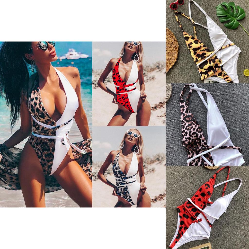Luxurious Leopard One Piece Bikini Bathing Patchwork Padded Deep V Bandage Halter Swimsuit