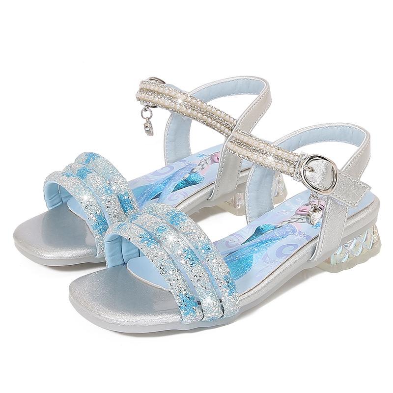 

Summer Girls Sandals Aisha Crystal Shoes High Heels Fashion Children Princess Shoes Little Girls Student Beach Shoes 36 синий