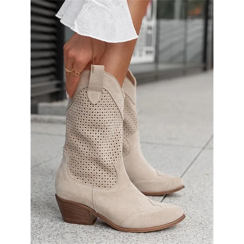 Fashion Women's Boots Mid Calf Retro Simple Suede Boots 5CM Square Heel Winter New Product Burnt Flower Suede Low Tube WomenShoe