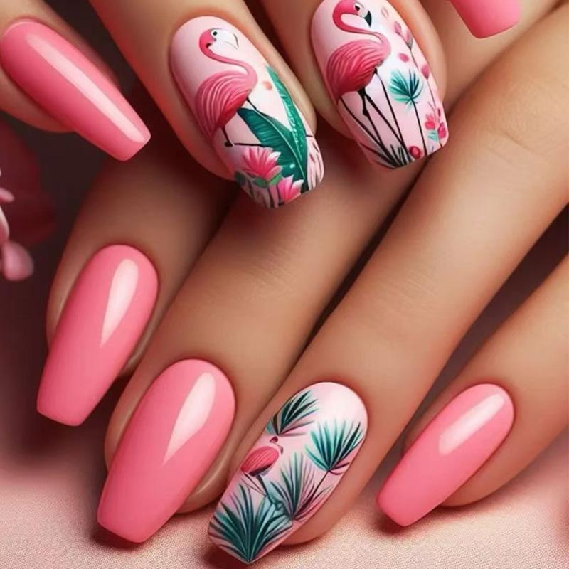 24 Pcs Medium Length Ballet Press On Nails Brown Floral Design Full Cover Detachable Fake Nails Manicure Set