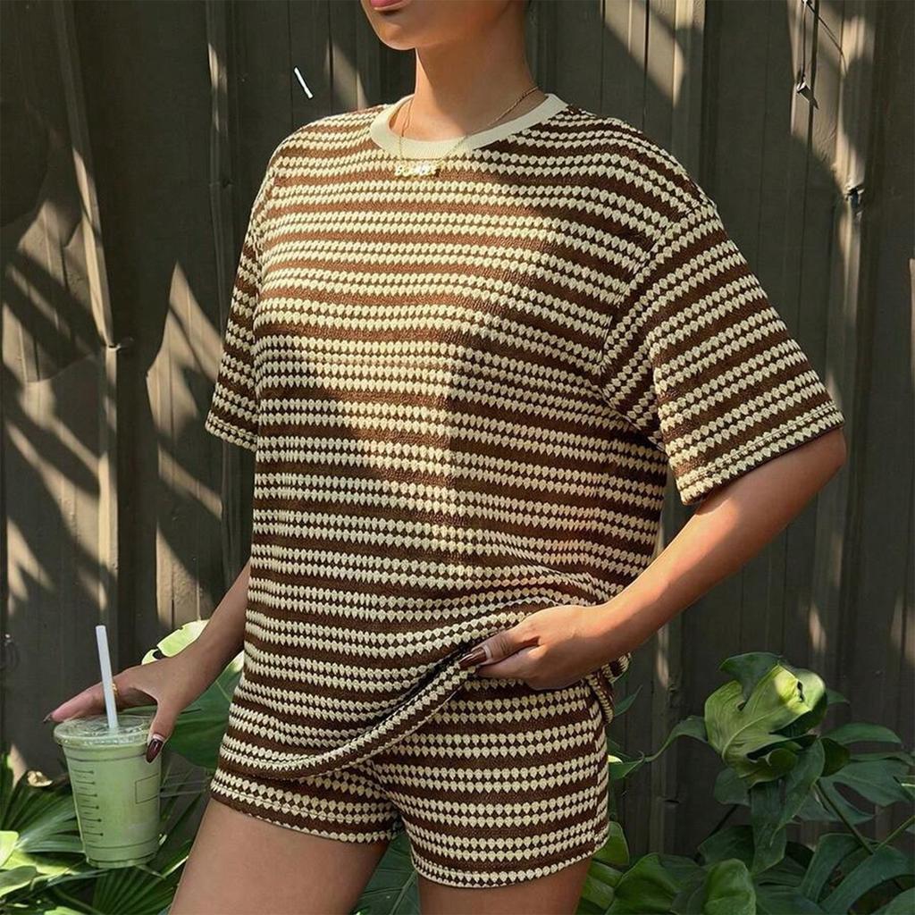 Women's Summer Casual Two Piece Set Short Sleeve Top and Shorts Lightweight Striped Knit Lounge Wear Soft Fabric