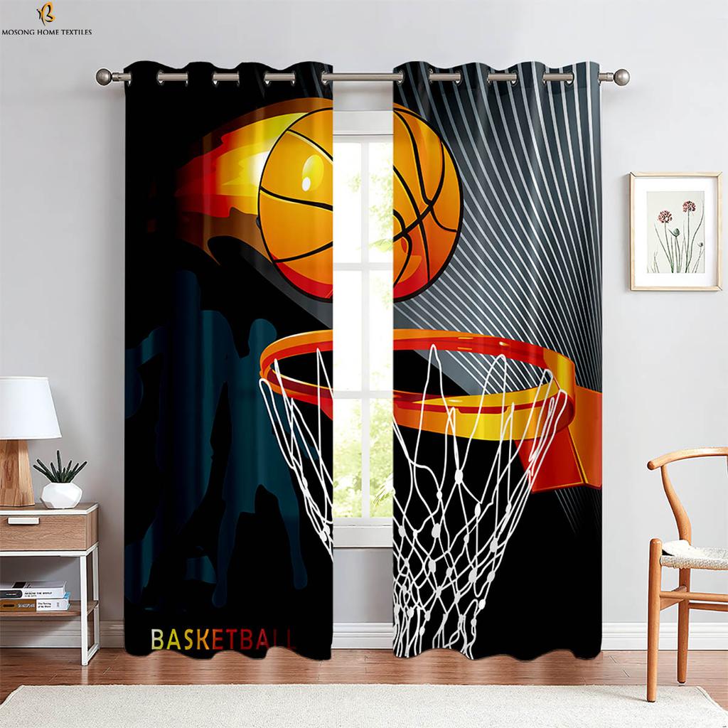 2-delade Flamma Basketboll 3D-tryckta Gardiner Polyesterfiber Maskintvättbara Sovrum Vardagsrum Kök Dekorativa Gardiner