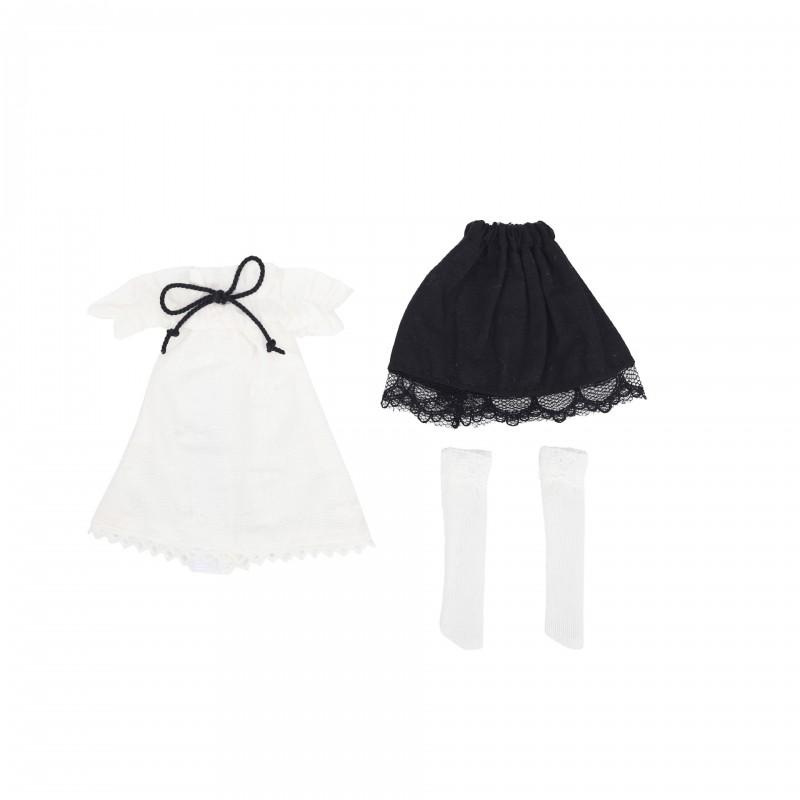 Fashion Doll Outfit Set With Lace Trim Skirt Straight Bangs Hair White Stockings 24cm BJD Obitsu