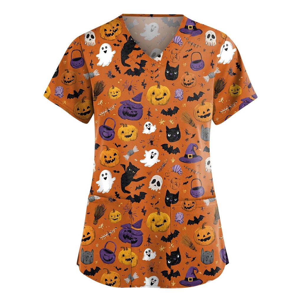 Women's Fashion V-Neck Short Sleeve Overalls With Pockets Halloween Printed Tops  Apparel