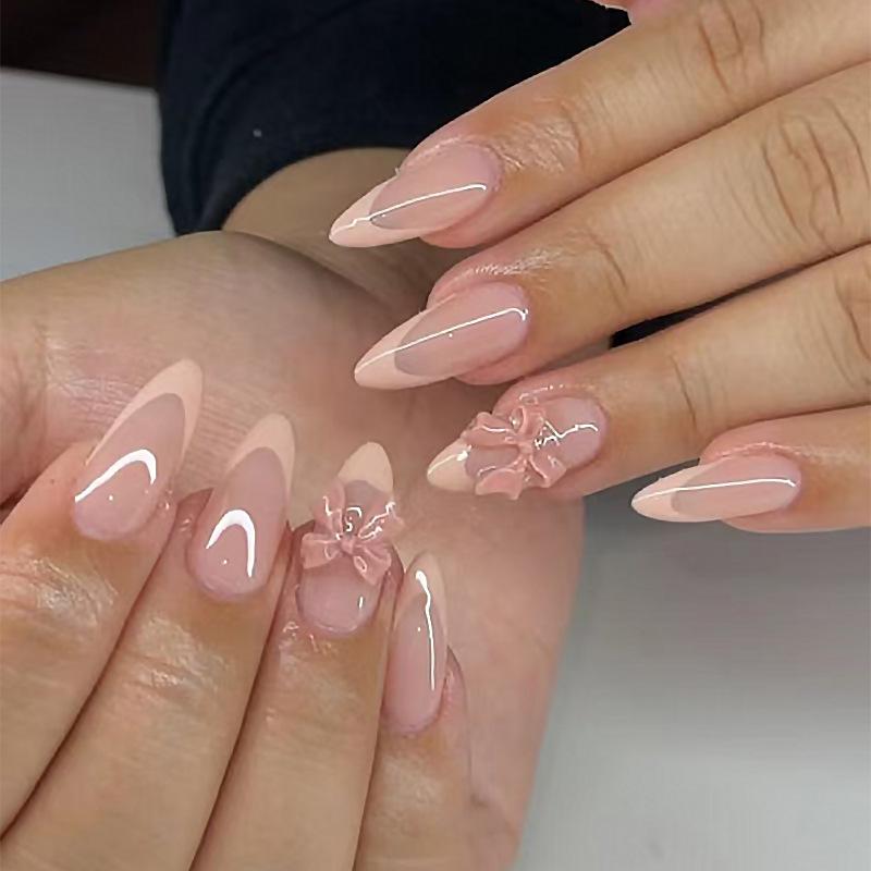 24Pcs French Almond Press On Nails White Pink Glossy Bowknot Camellia Butterfly Decor Sweet False Nails