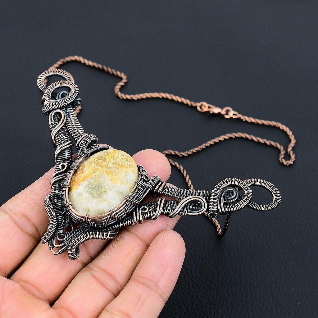 Fossil Coral Gemstone Pure Copper Wire Wrapped Handmade Necklace Jewelry For Gift