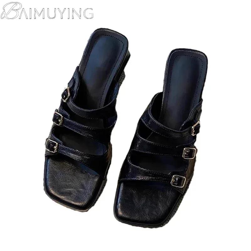 Women Slippers New Square Toe Sandals Party Shoes 2025 Summer Elegant Woman Pumps Brand Buckle Slides Sandalias Mujer