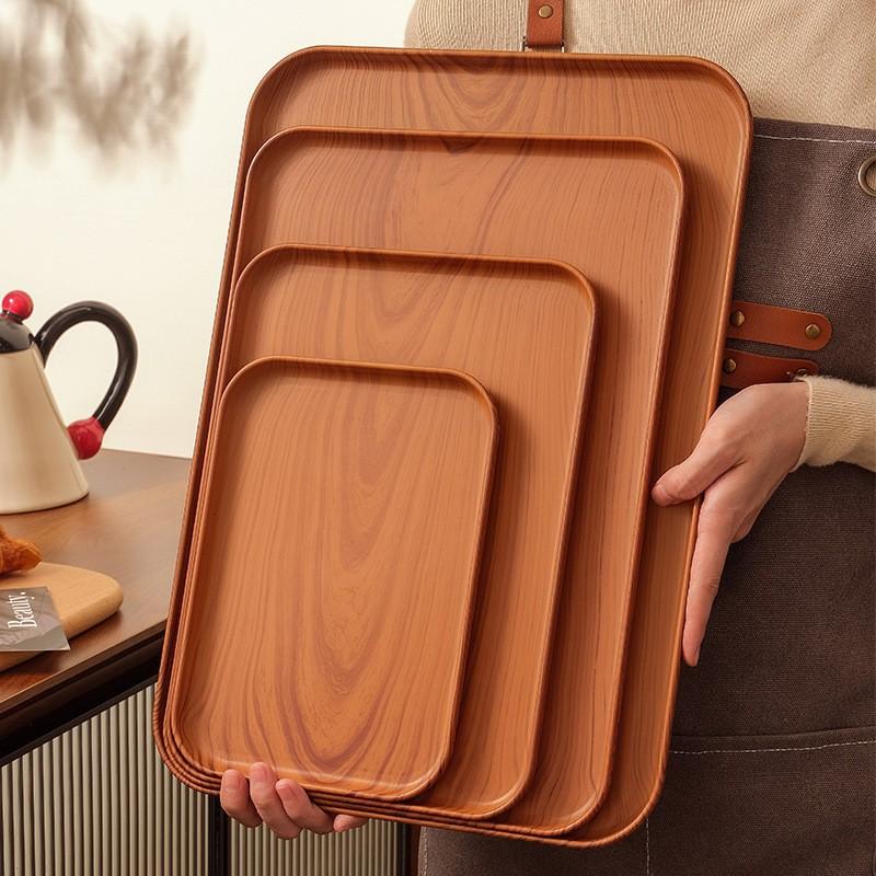 Wood-Grain Plastic Serving Tray - Large Capacity Multi-Purpose Plate for Home & Commercial Use, for Water Cups, Cakes & Desserts