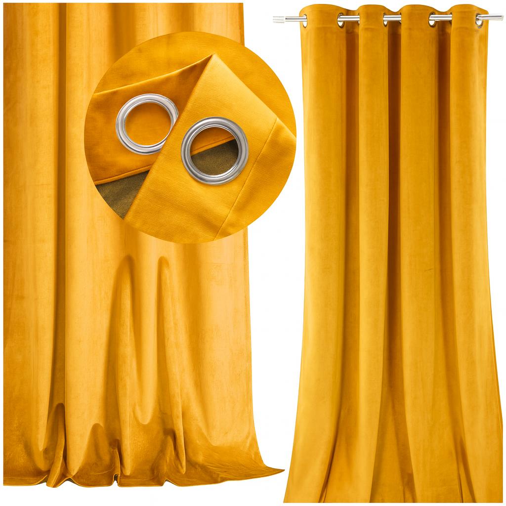 Aksamitna zasłona z przelotkami - musztardowa