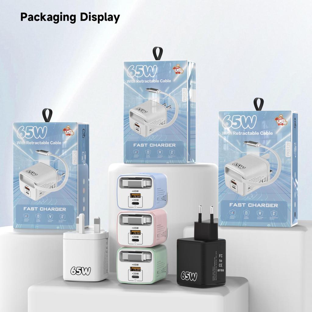 65W GaN Fast Charger with USB, PD, Type-C Retractable Cable, Multi-Port EU/UK Plug.